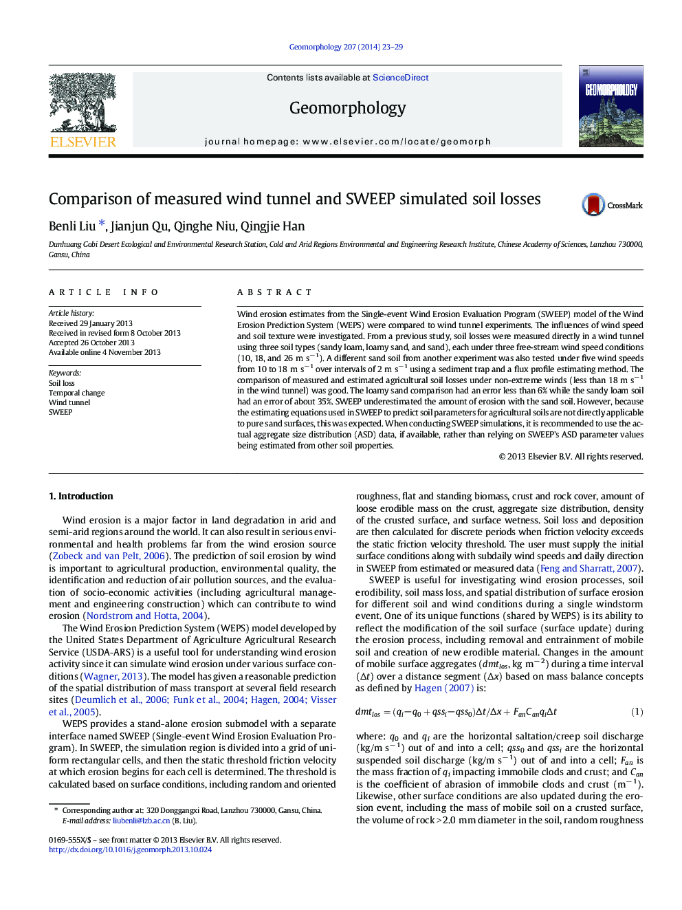 Comparison of measured wind tunnel and SWEEP simulated soil losses