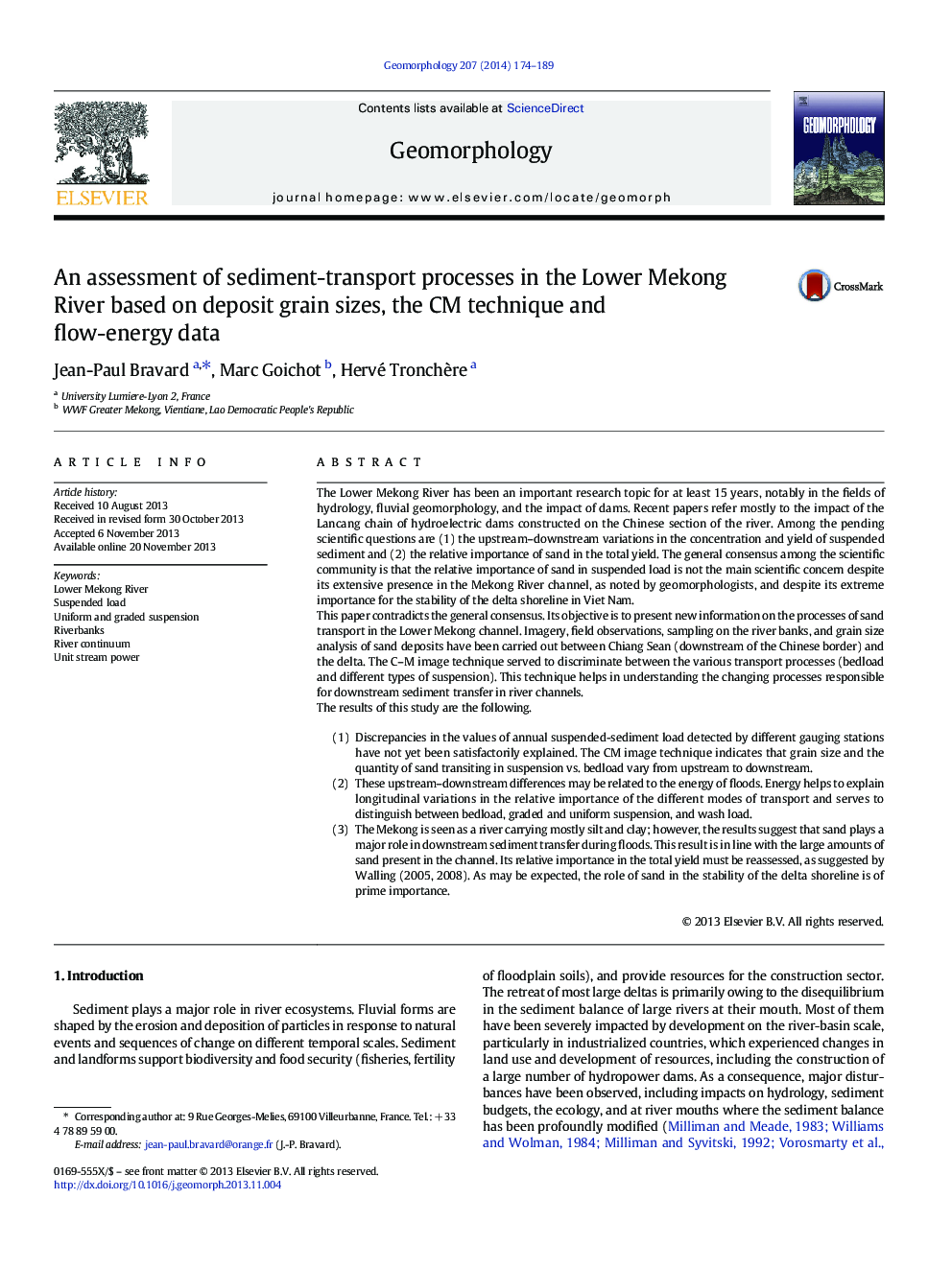 An assessment of sediment-transport processes in the Lower Mekong River based on deposit grain sizes, the CM technique and flow-energy data