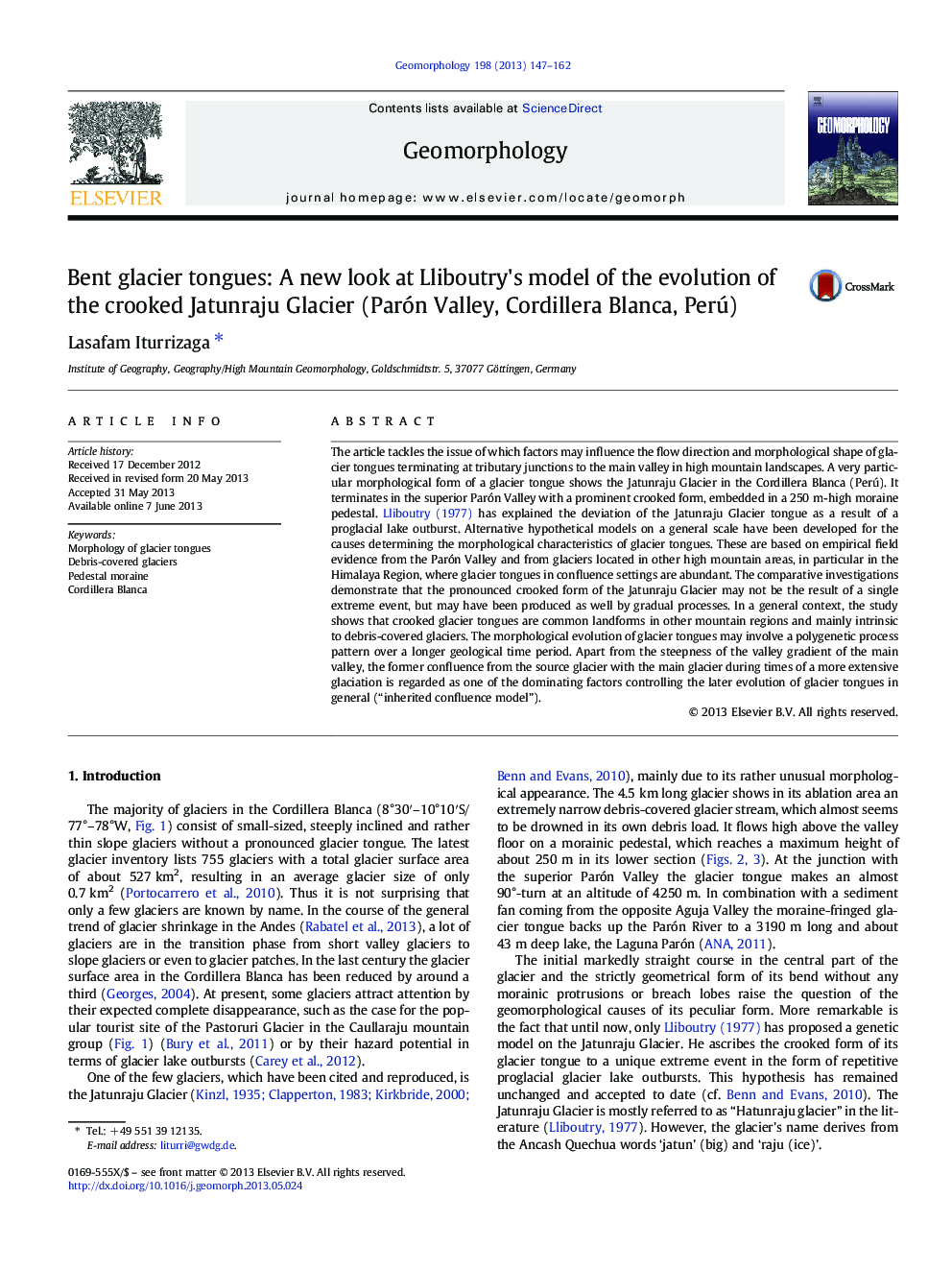 Bent glacier tongues: A new look at Lliboutry's model of the evolution of the crooked Jatunraju Glacier (Parón Valley, Cordillera Blanca, Perú)