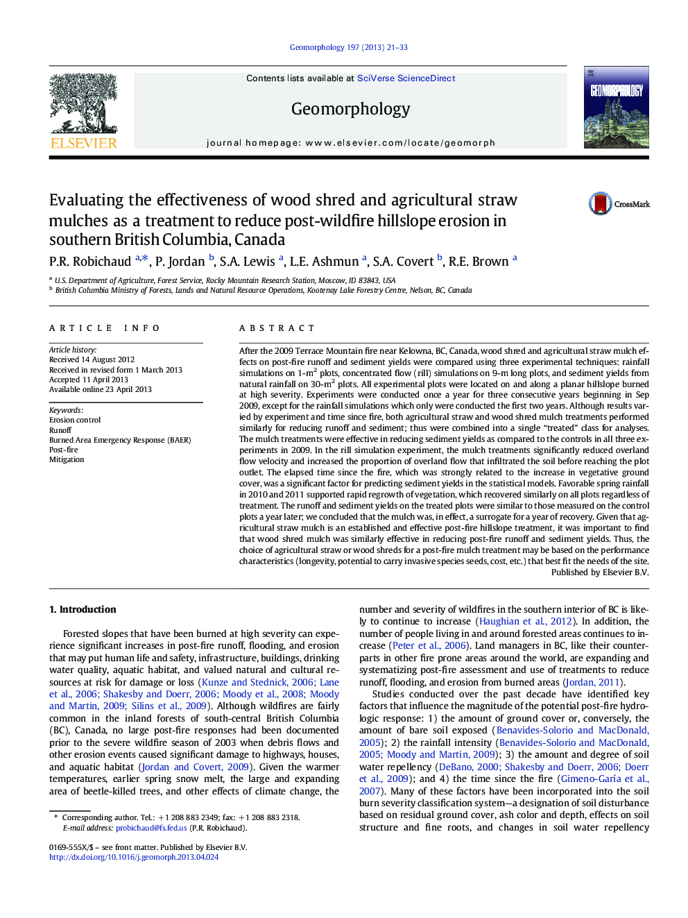 ارزیابی اثربخشی مالچ های شکسته چوبی و کشاورزی به عنوان یک درمان برای کاهش فرسایش خاک های کوهستانی در جنوب شرقی بریتیش کلمبیا، کانادا 
