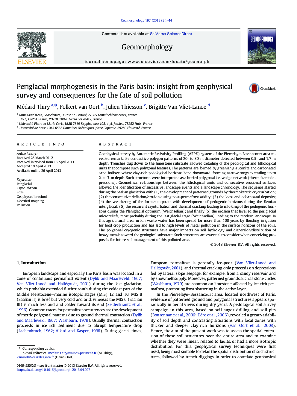 Periglacial morphogenesis in the Paris basin: insight from geophysical survey and consequences for the fate of soil pollution