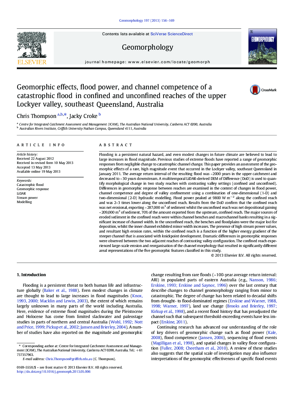 Geomorphic effects, flood power, and channel competence of a catastrophic flood in confined and unconfined reaches of the upper Lockyer valley, southeast Queensland, Australia