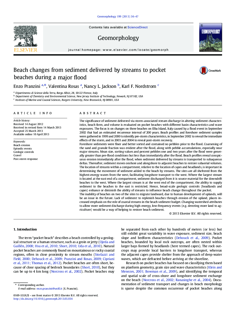 Beach changes from sediment delivered by streams to pocket beaches during a major flood