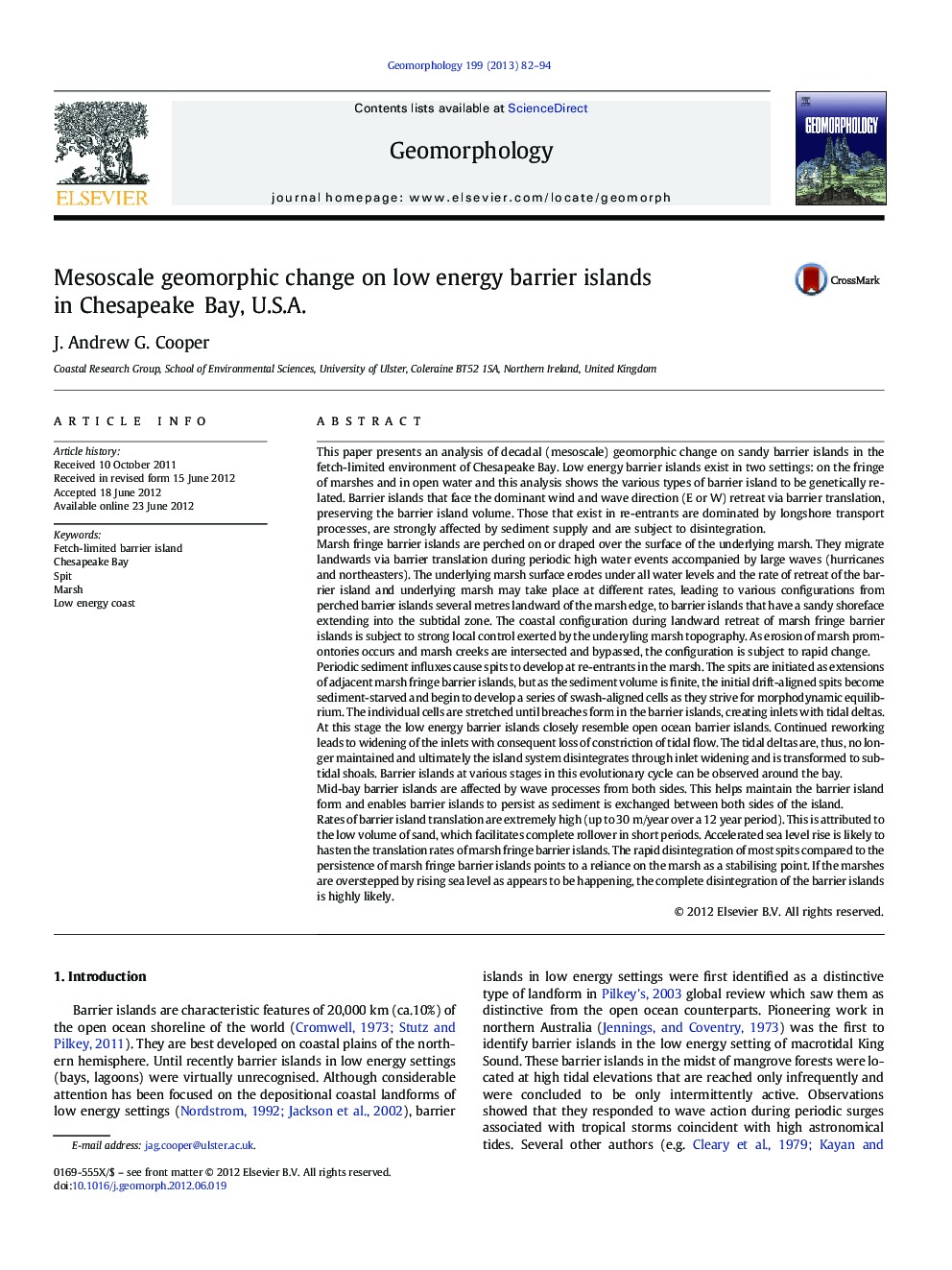 Mesoscale geomorphic change on low energy barrier islands in Chesapeake Bay, U.S.A.