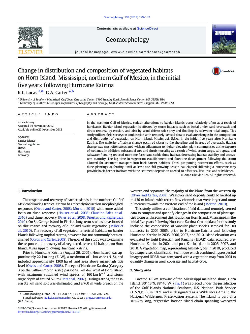 Change in distribution and composition of vegetated habitats on Horn Island, Mississippi, northern Gulf of Mexico, in the initial five years following Hurricane Katrina