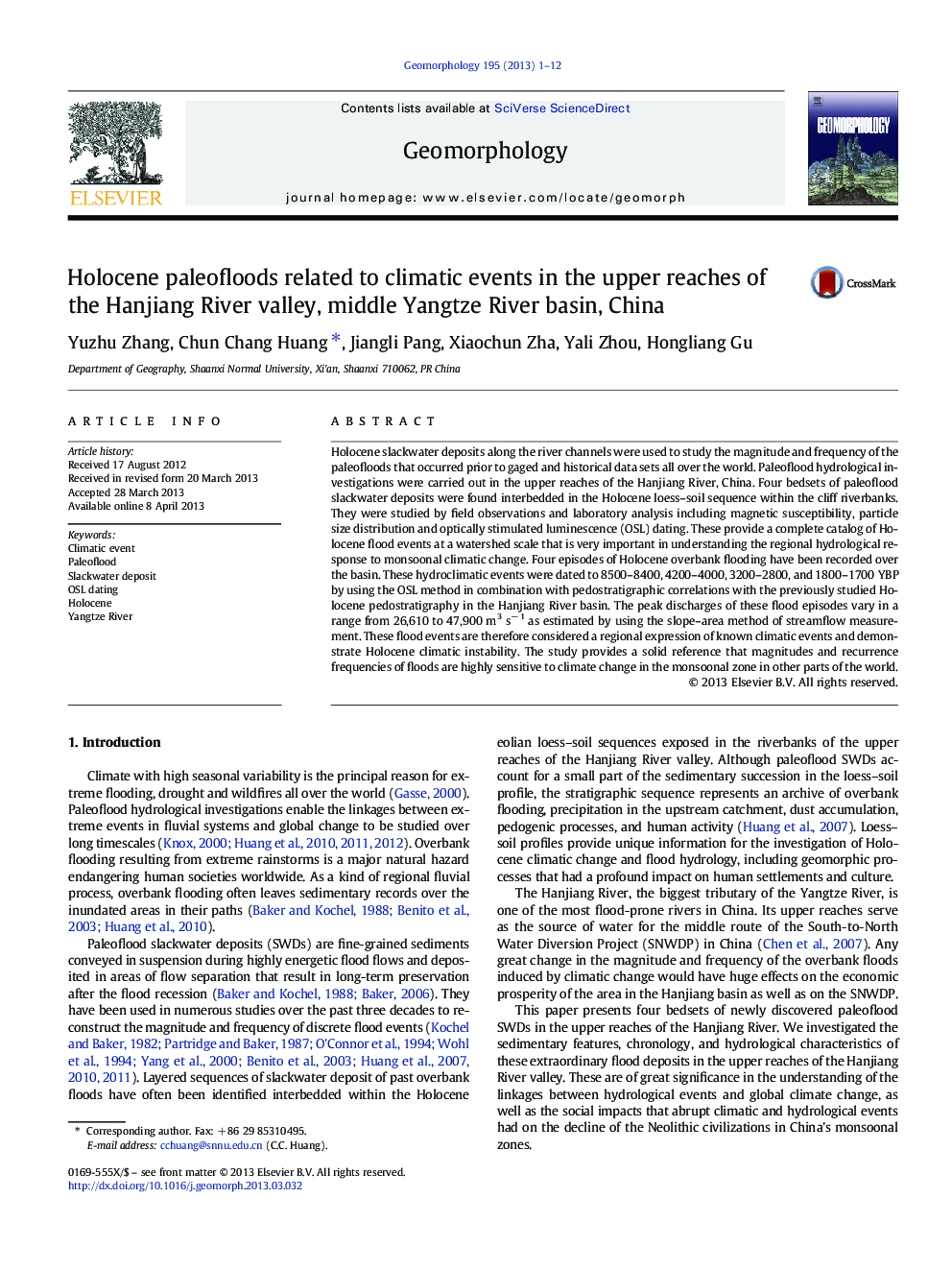 Holocene paleofloods related to climatic events in the upper reaches of the Hanjiang River valley, middle Yangtze River basin, China