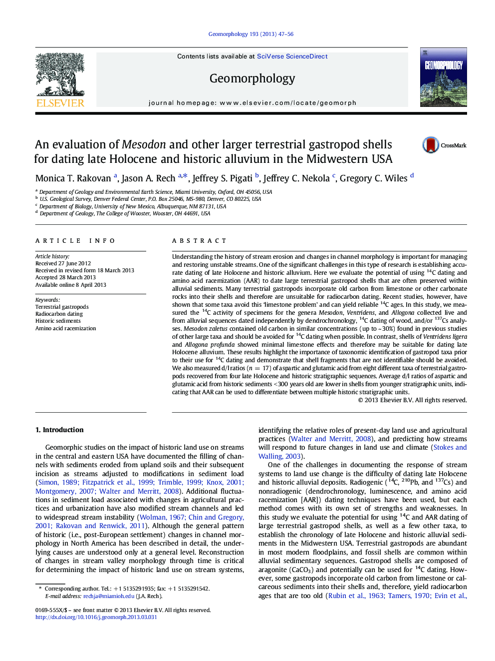 An evaluation of Mesodon and other larger terrestrial gastropod shells for dating late Holocene and historic alluvium in the Midwestern USA