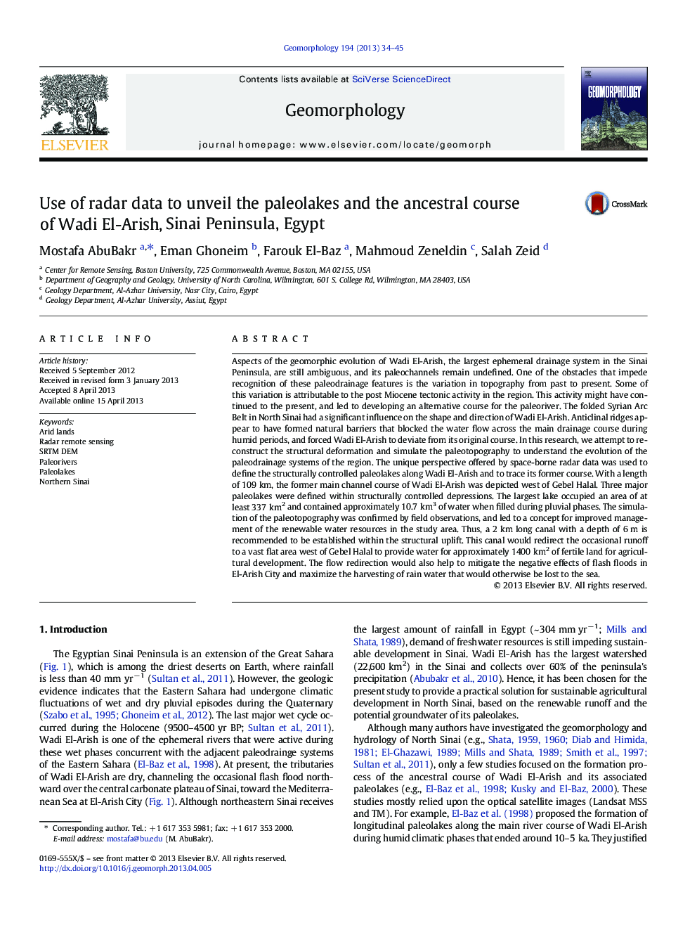 Use of radar data to unveil the paleolakes and the ancestral course of Wadi El-Arish, Sinai Peninsula, Egypt