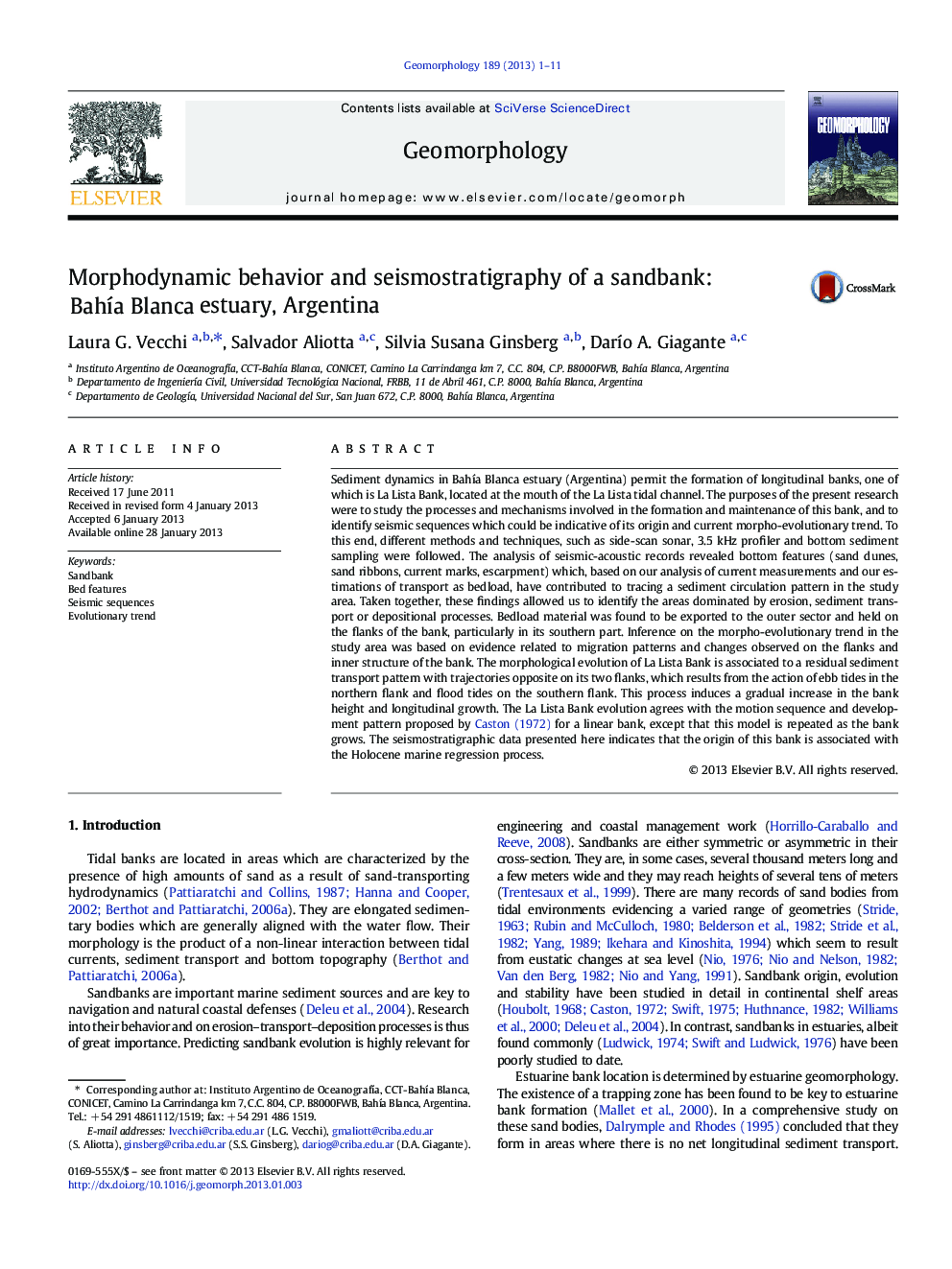 Morphodynamic behavior and seismostratigraphy of a sandbank: BahÃ­a Blanca estuary, Argentina