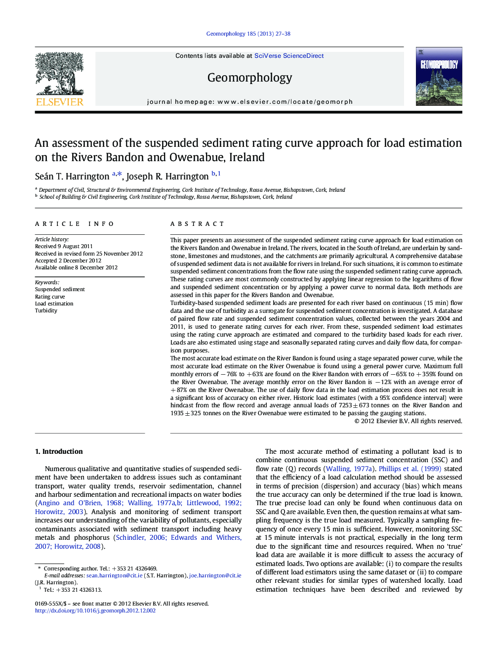 An assessment of the suspended sediment rating curve approach for load estimation on the Rivers Bandon and Owenabue, Ireland