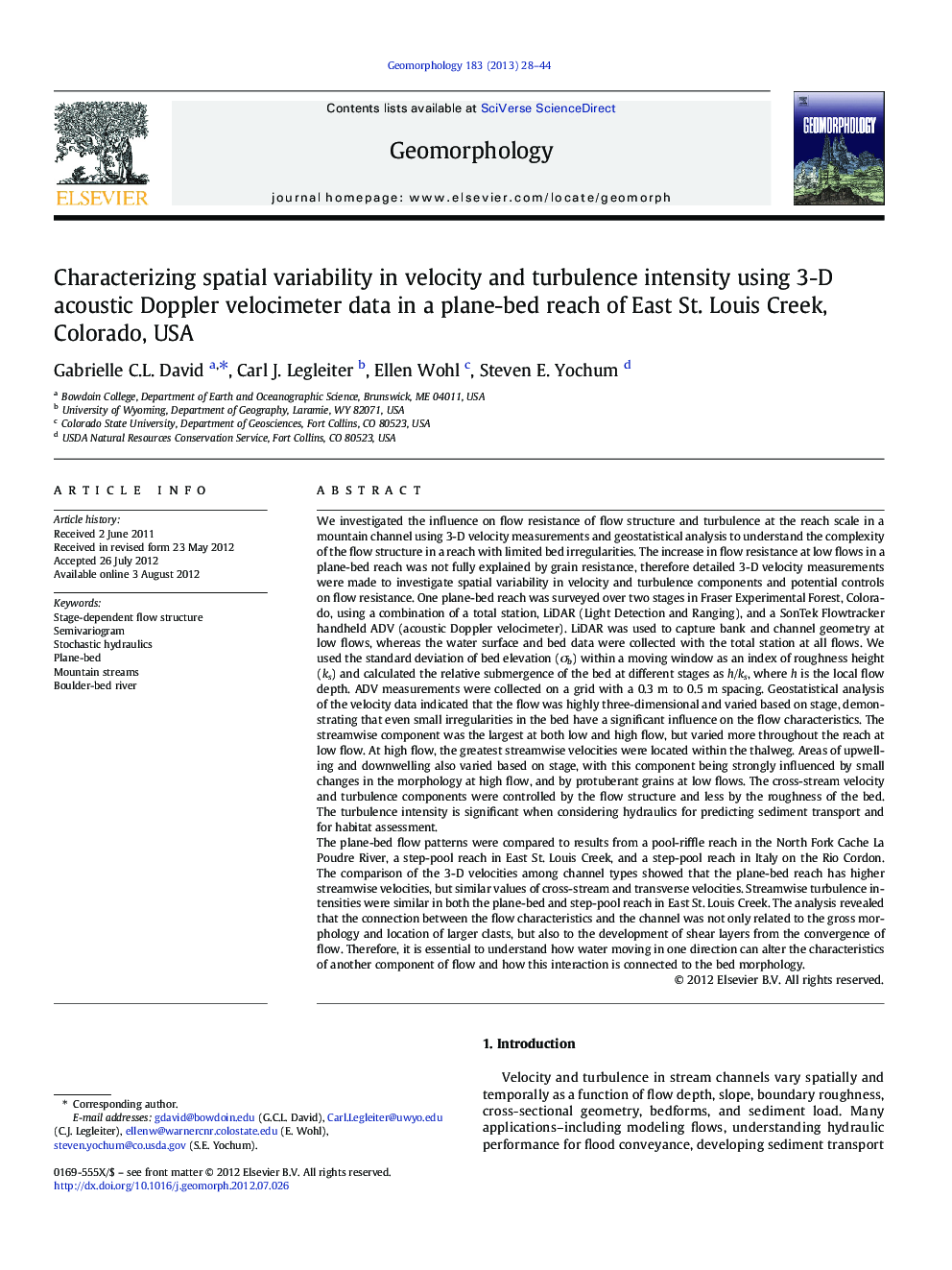 Characterizing spatial variability in velocity and turbulence intensity using 3-D acoustic Doppler velocimeter data in a plane-bed reach of East St. Louis Creek, Colorado, USA