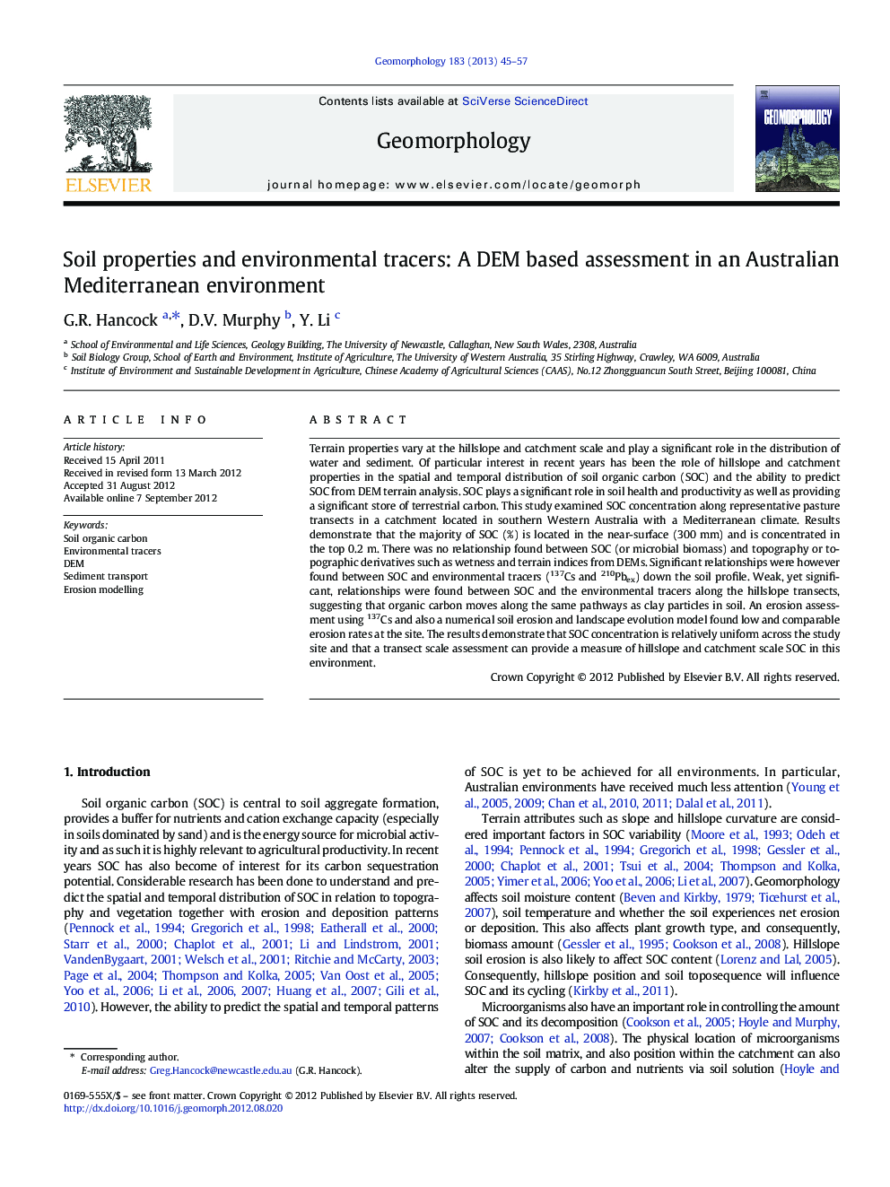 Soil properties and environmental tracers: A DEM based assessment in an Australian Mediterranean environment