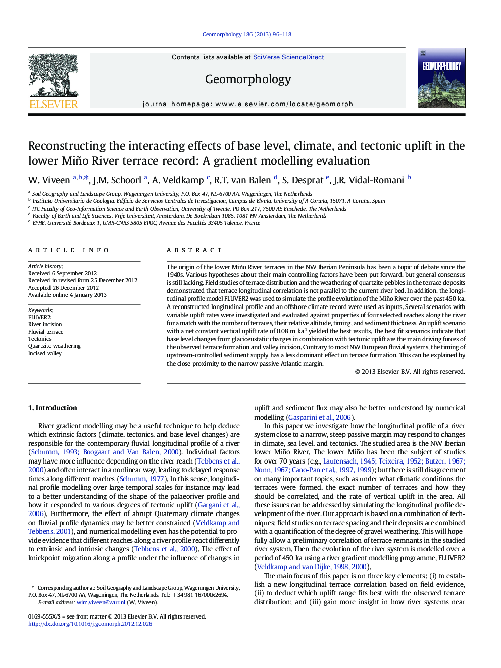 Reconstructing the interacting effects of base level, climate, and tectonic uplift in the lower Miño River terrace record: A gradient modelling evaluation