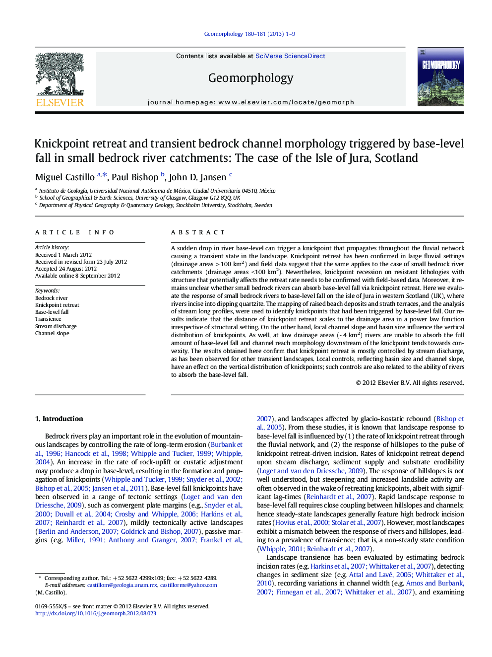 Knickpoint retreat and transient bedrock channel morphology triggered by base-level fall in small bedrock river catchments: The case of the Isle of Jura, Scotland