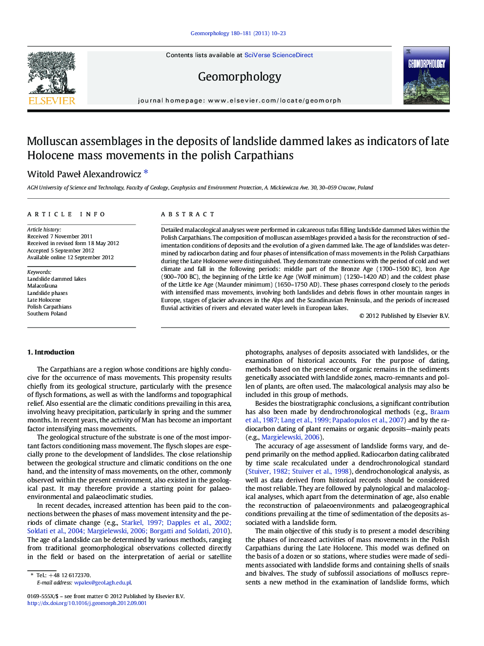 Molluscan assemblages in the deposits of landslide dammed lakes as indicators of late Holocene mass movements in the polish Carpathians