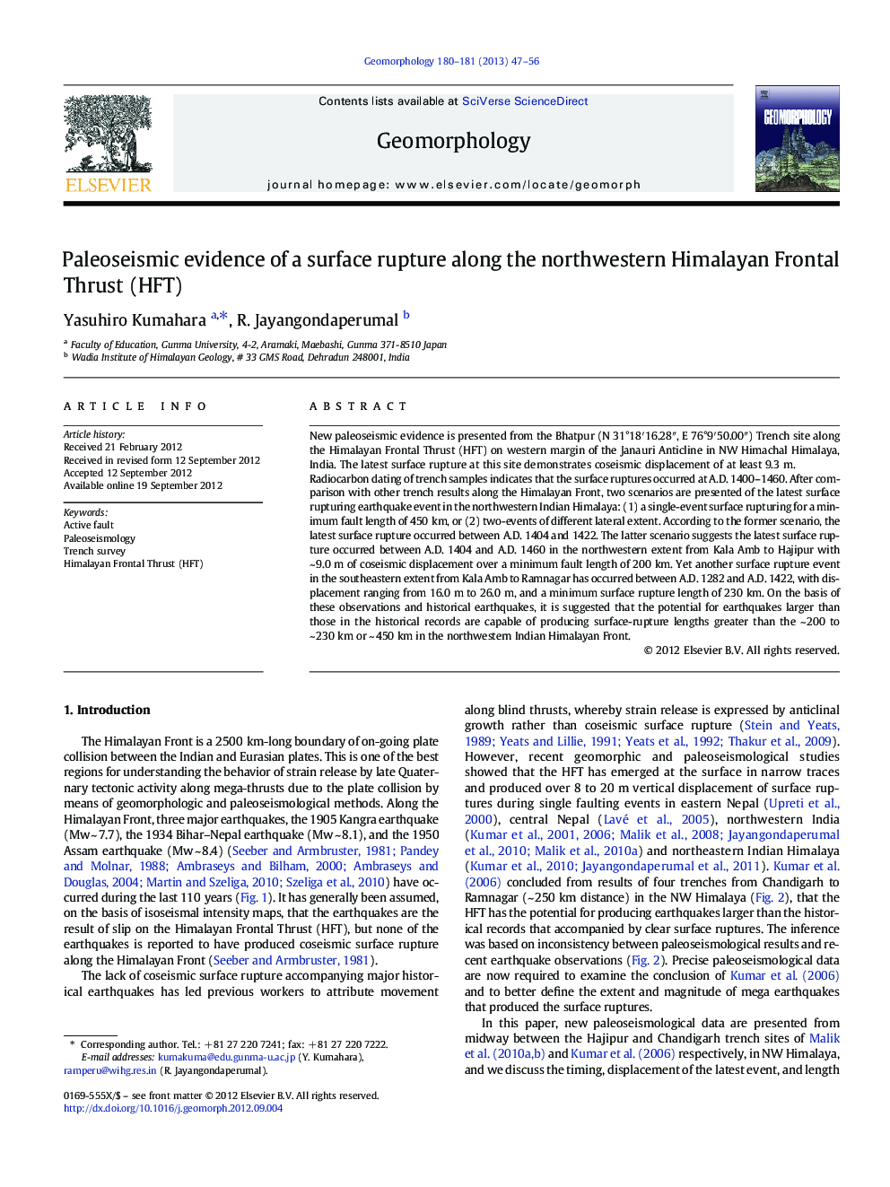 Paleoseismic evidence of a surface rupture along the northwestern Himalayan Frontal Thrust (HFT)