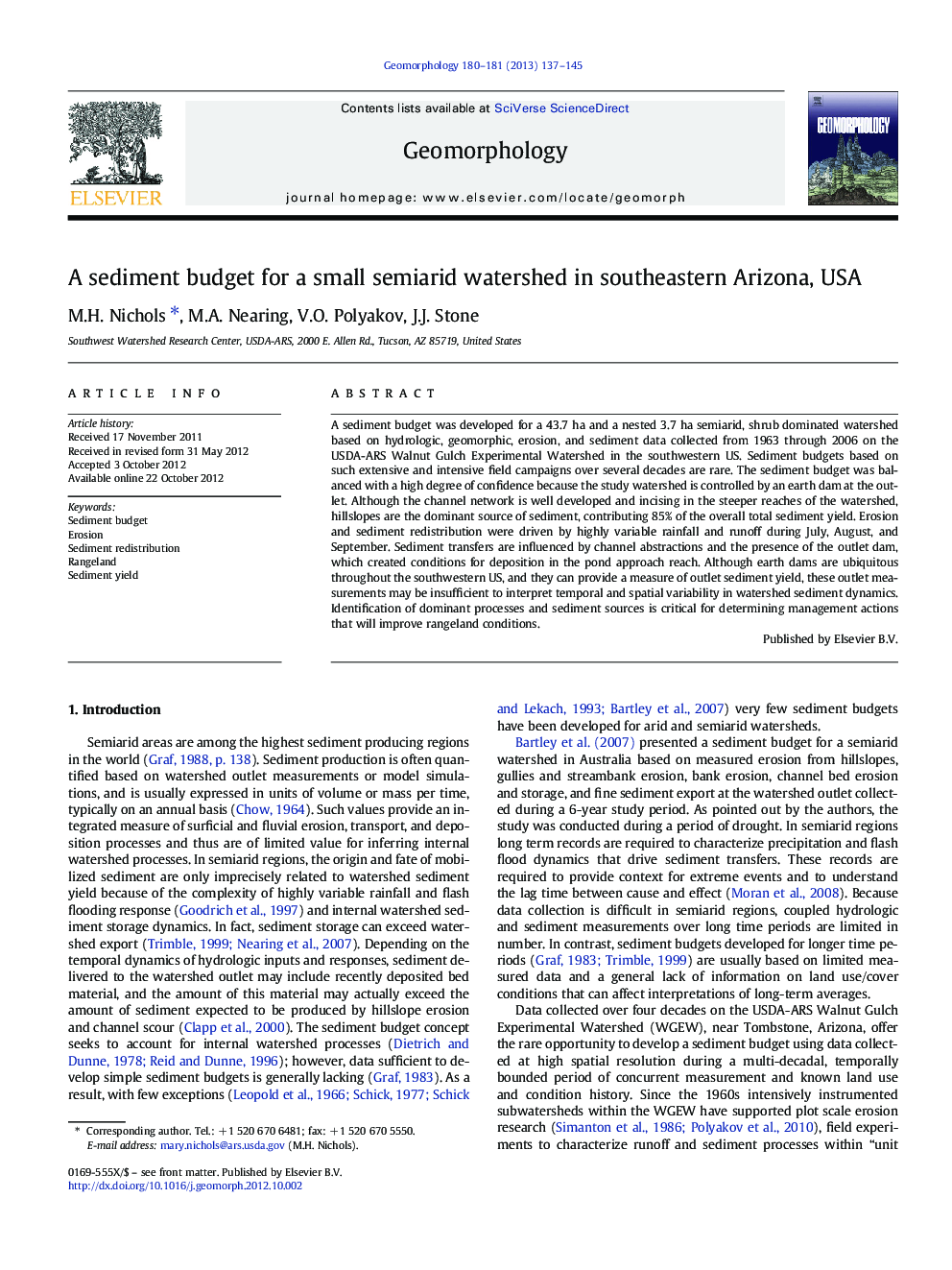 A sediment budget for a small semiarid watershed in southeastern Arizona, USA