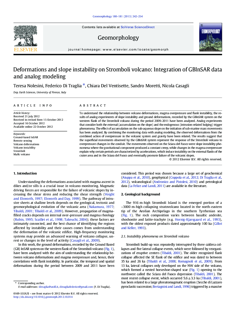 Deformations and slope instability on Stromboli volcano: Integration of GBInSAR data and analog modeling