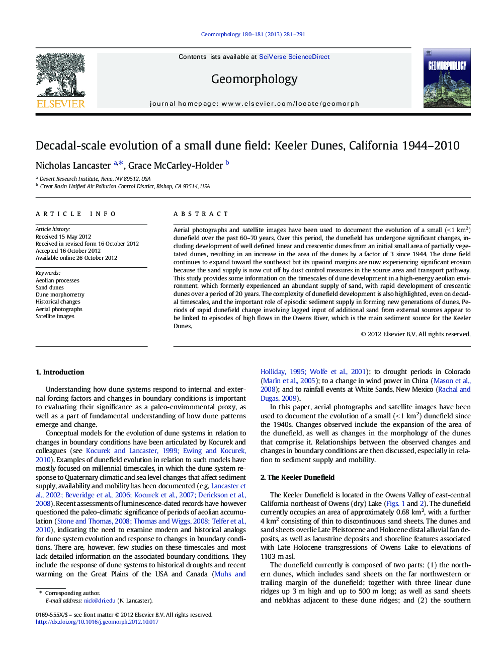 Decadal-scale evolution of a small dune field: Keeler Dunes, California 1944–2010