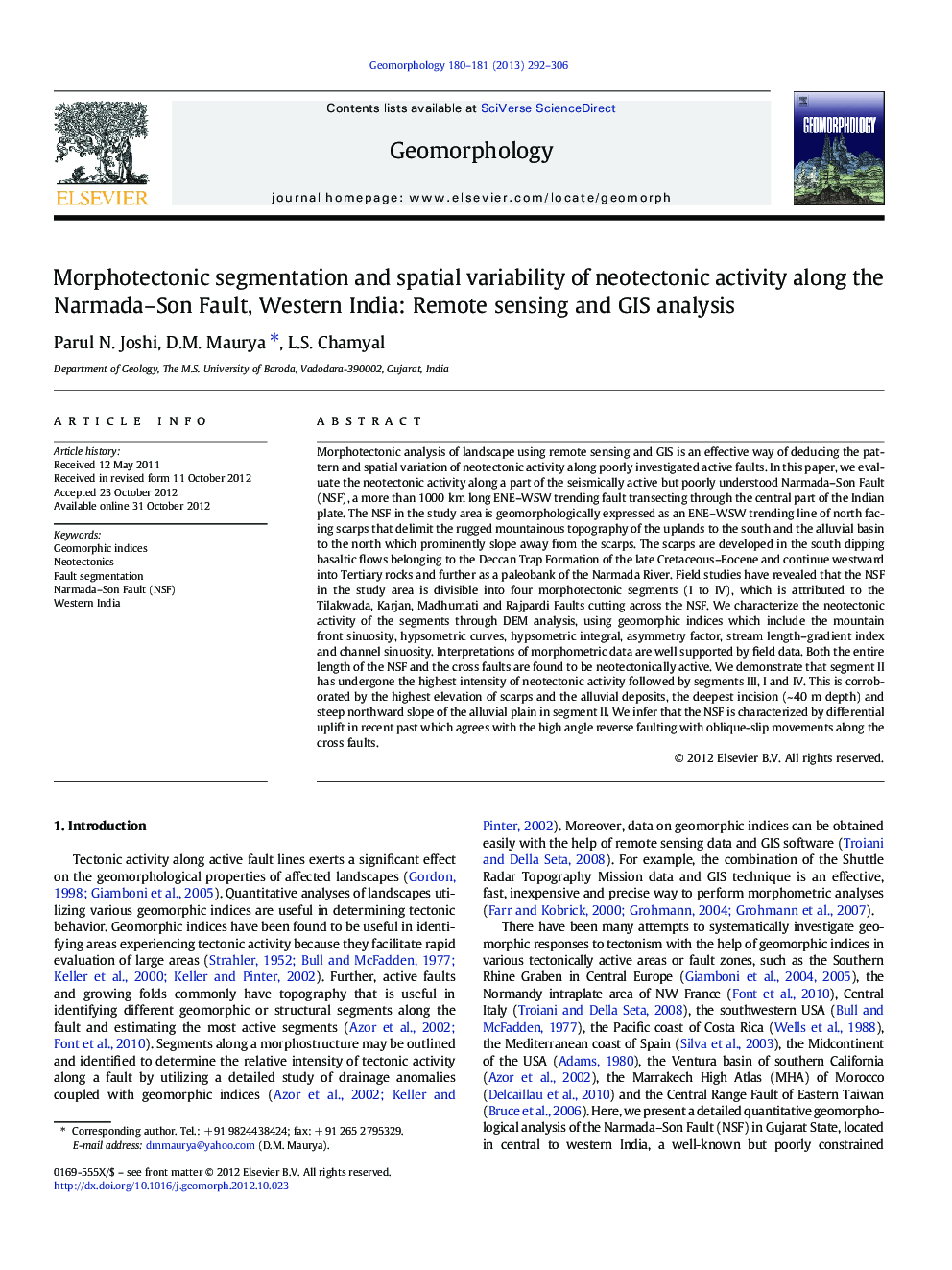 Morphotectonic segmentation and spatial variability of neotectonic activity along the Narmada–Son Fault, Western India: Remote sensing and GIS analysis