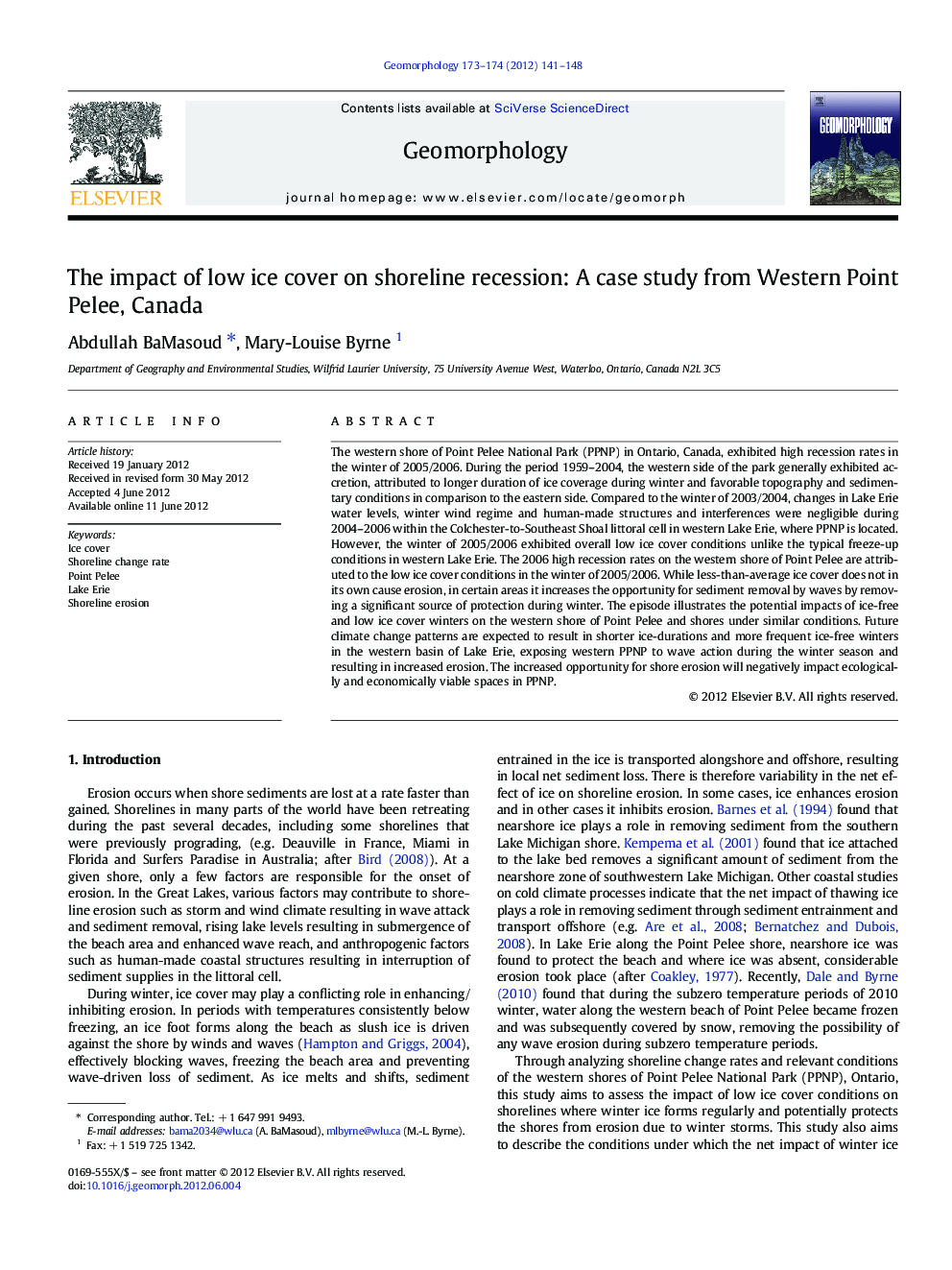 The impact of low ice cover on shoreline recession: A case study from Western Point Pelee, Canada