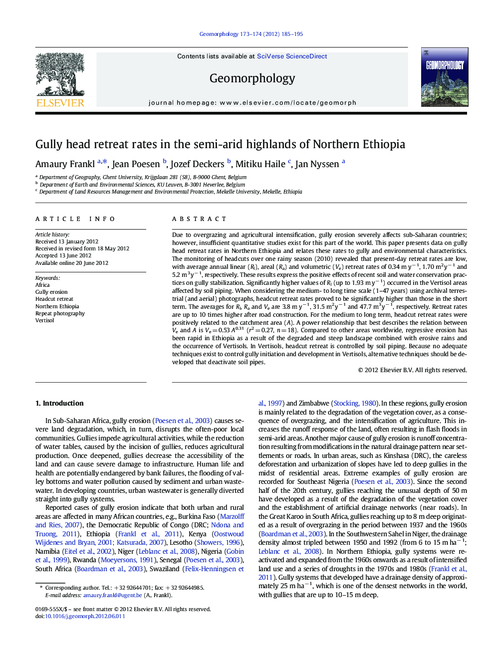 Gully head retreat rates in the semi-arid highlands of Northern Ethiopia