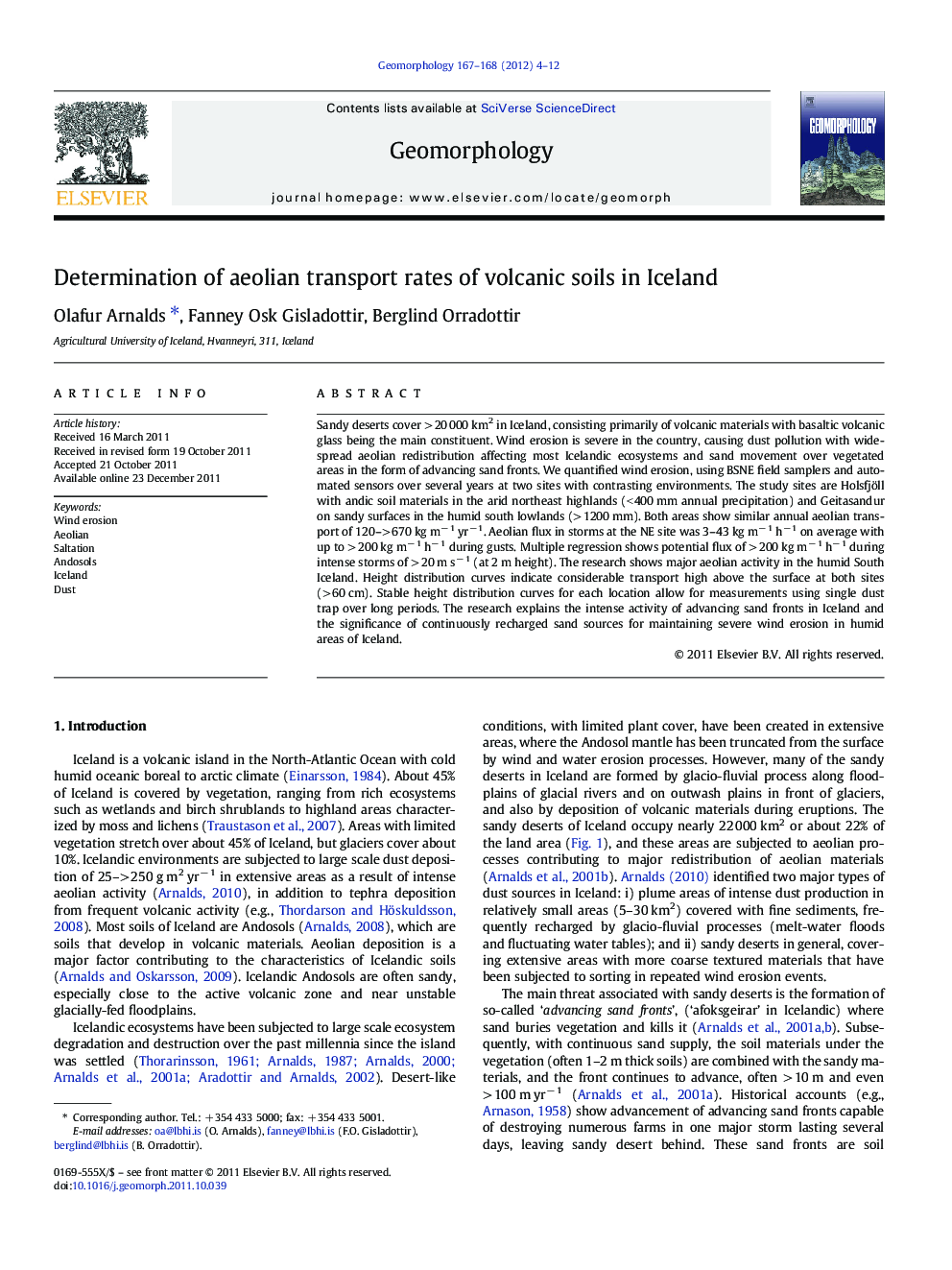 Determination of aeolian transport rates of volcanic soils in Iceland