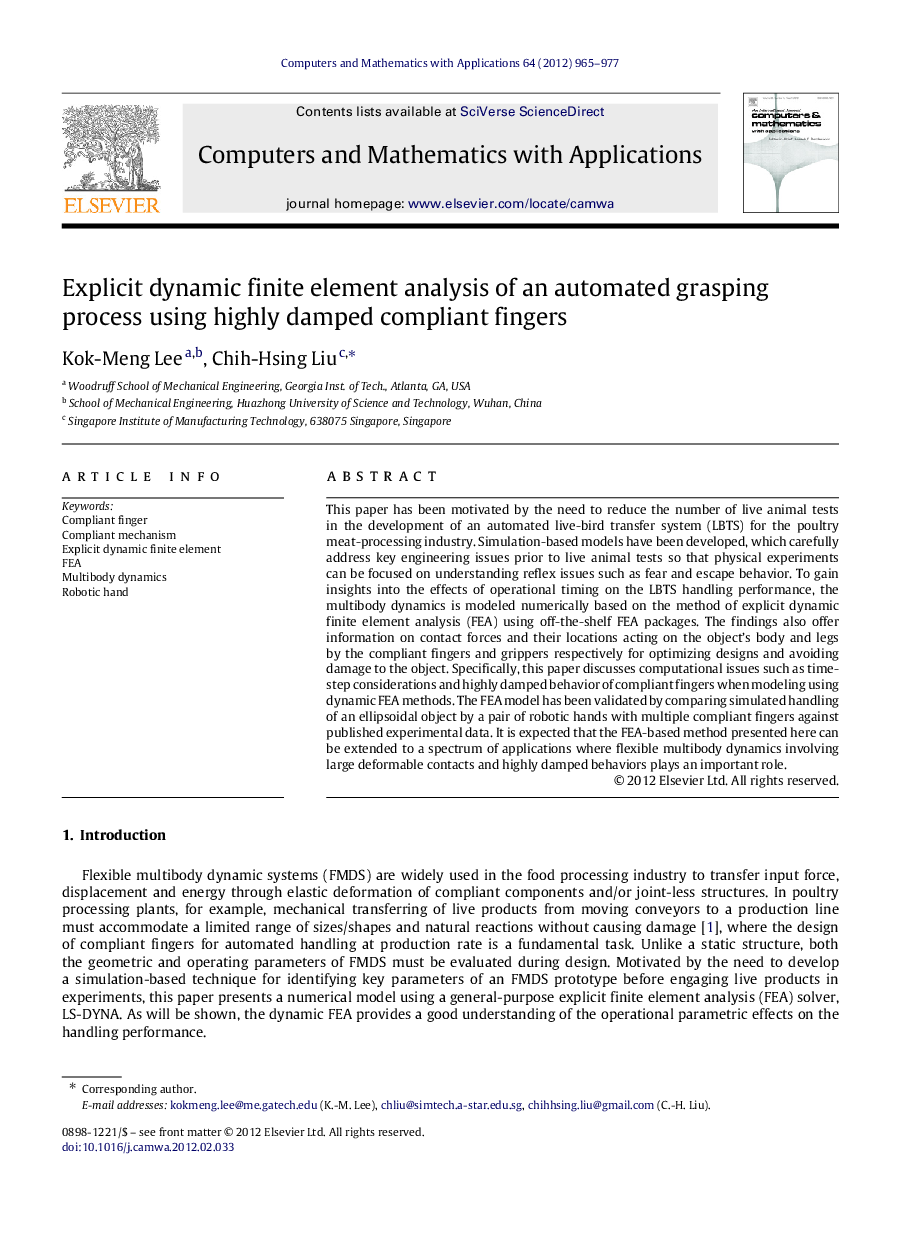 Explicit dynamic finite element analysis of an automated grasping process using highly damped compliant fingers