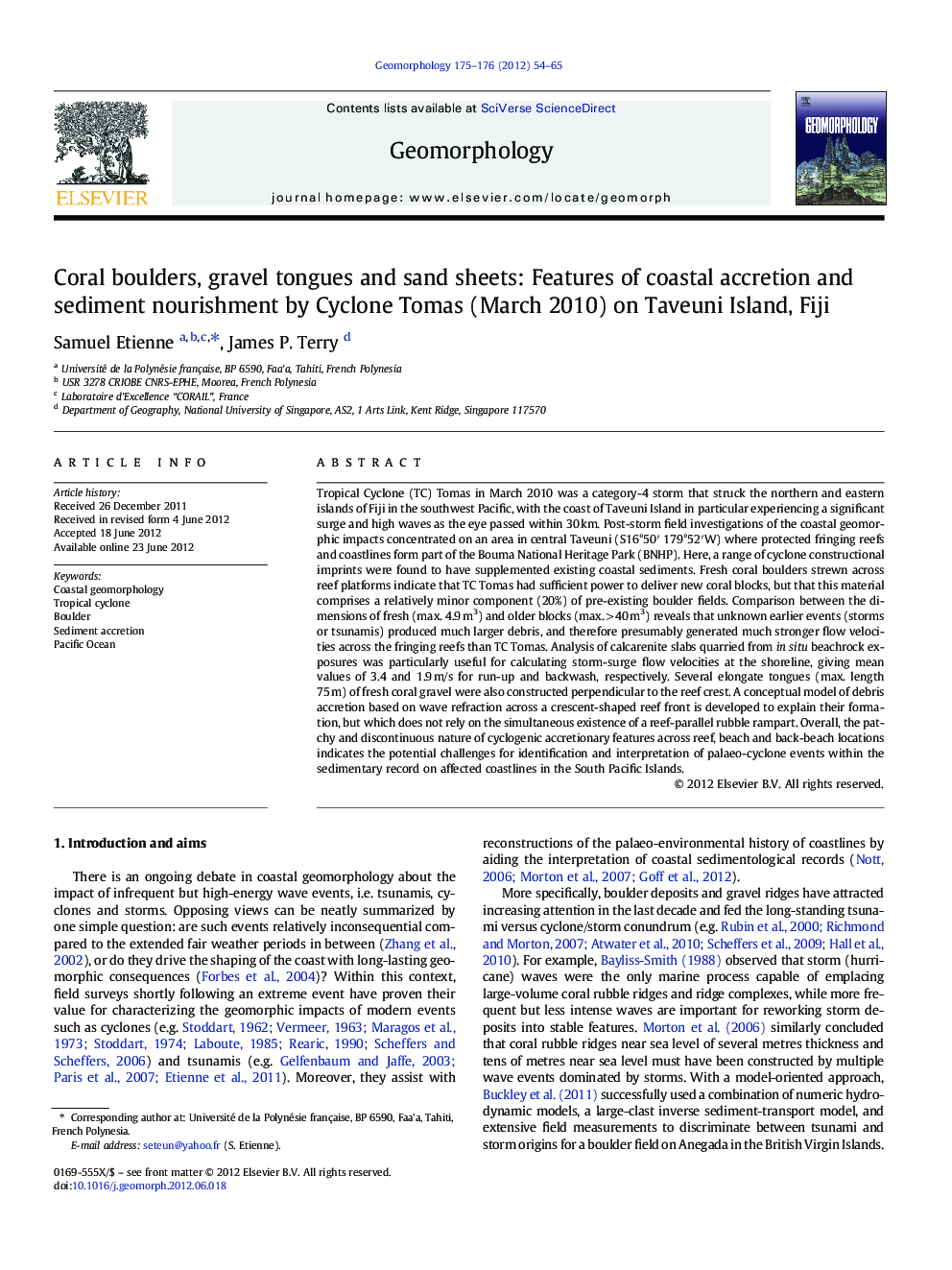 Coral boulders, gravel tongues and sand sheets: Features of coastal accretion and sediment nourishment by Cyclone Tomas (March 2010) on Taveuni Island, Fiji