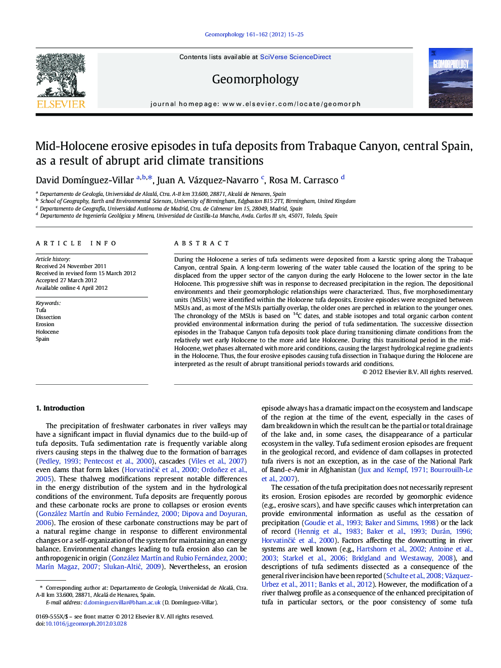 Mid-Holocene erosive episodes in tufa deposits from Trabaque Canyon, central Spain, as a result of abrupt arid climate transitions