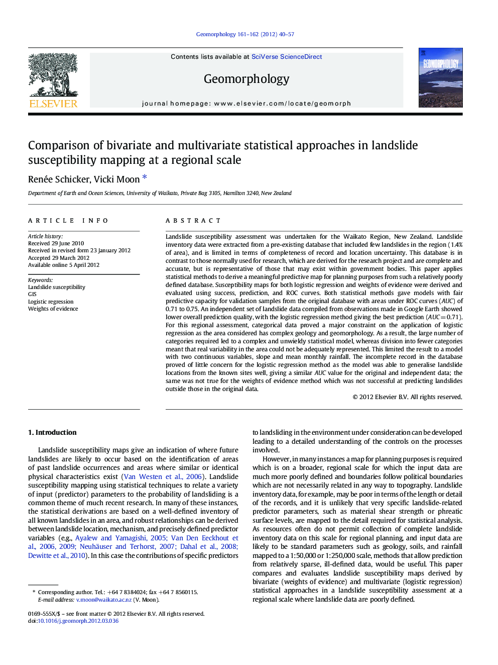 عکس صفحه اول مقاله: Comparison of bivariate and multivariate statistical approaches in landslide susceptibility mapping at a regional scale Comparison of bivariate and multivariate statistical approaches in landslide susceptibility mapping at a regional scale