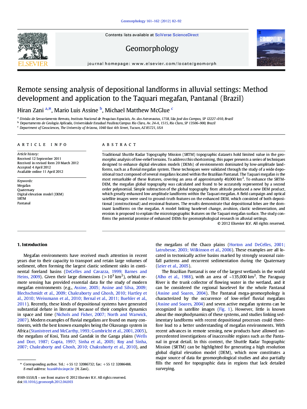 Remote sensing analysis of depositional landforms in alluvial settings: Method development and application to the Taquari megafan, Pantanal (Brazil)