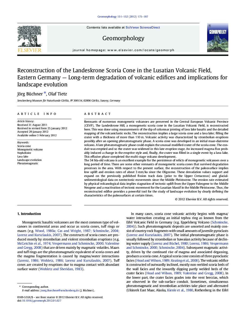 Reconstruction of the Landeskrone Scoria Cone in the Lusatian Volcanic Field, Eastern Germany — Long-term degradation of volcanic edifices and implications for landscape evolution