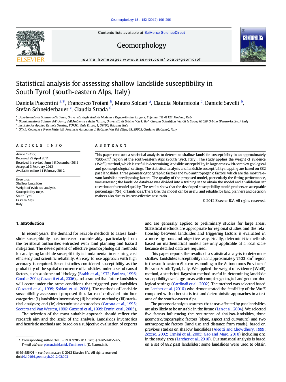 Statistical analysis for assessing shallow-landslide susceptibility in South Tyrol (south-eastern Alps, Italy)