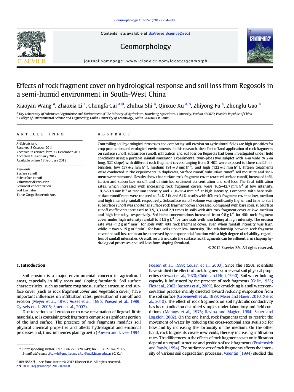 Effects of rock fragment cover on hydrological response and soil loss from Regosols in a semi-humid environment in South-West China