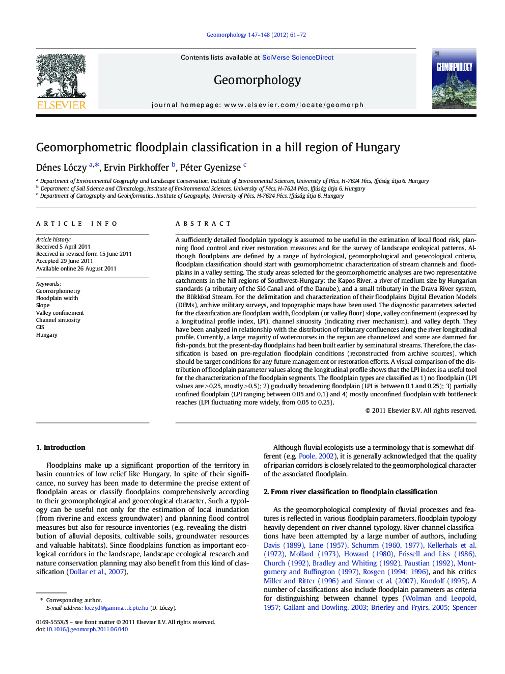 Geomorphometric floodplain classification in a hill region of Hungary