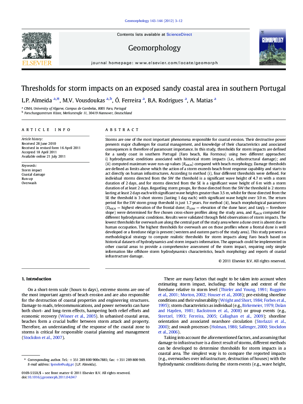 Thresholds for storm impacts on an exposed sandy coastal area in southern Portugal