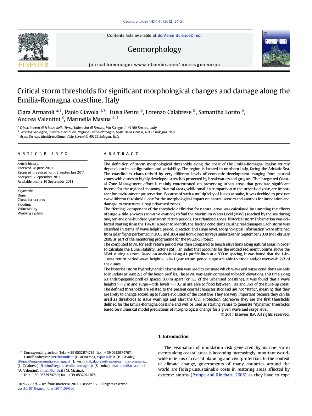 Critical storm thresholds for significant morphological changes and damage along the Emilia-Romagna coastline, Italy