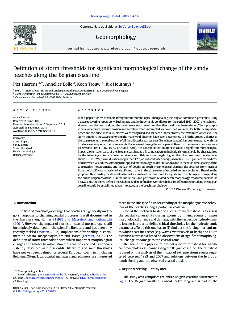 Definition of storm thresholds for significant morphological change of the sandy beaches along the Belgian coastline