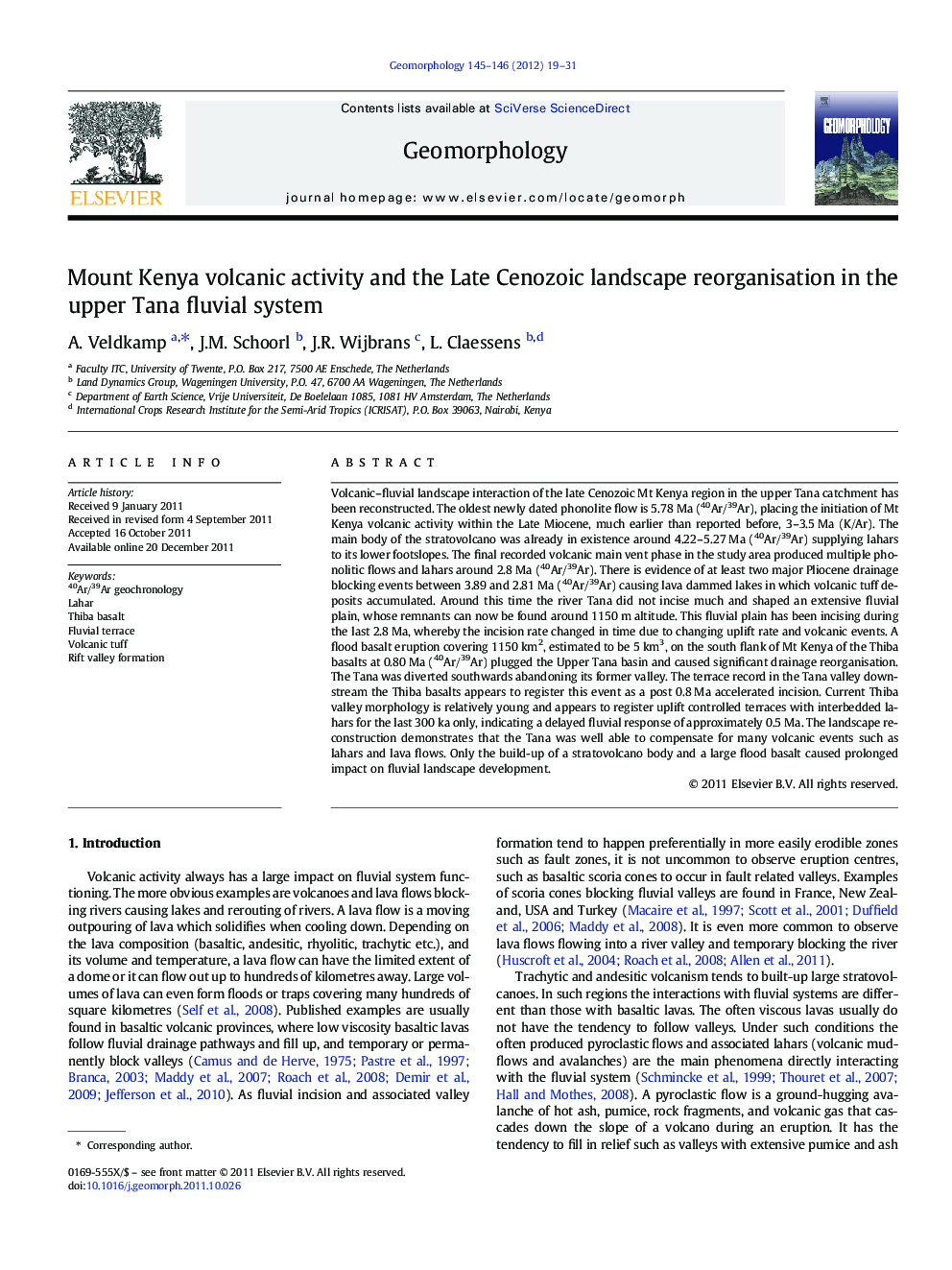 Mount Kenya volcanic activity and the Late Cenozoic landscape reorganisation in the upper Tana fluvial system