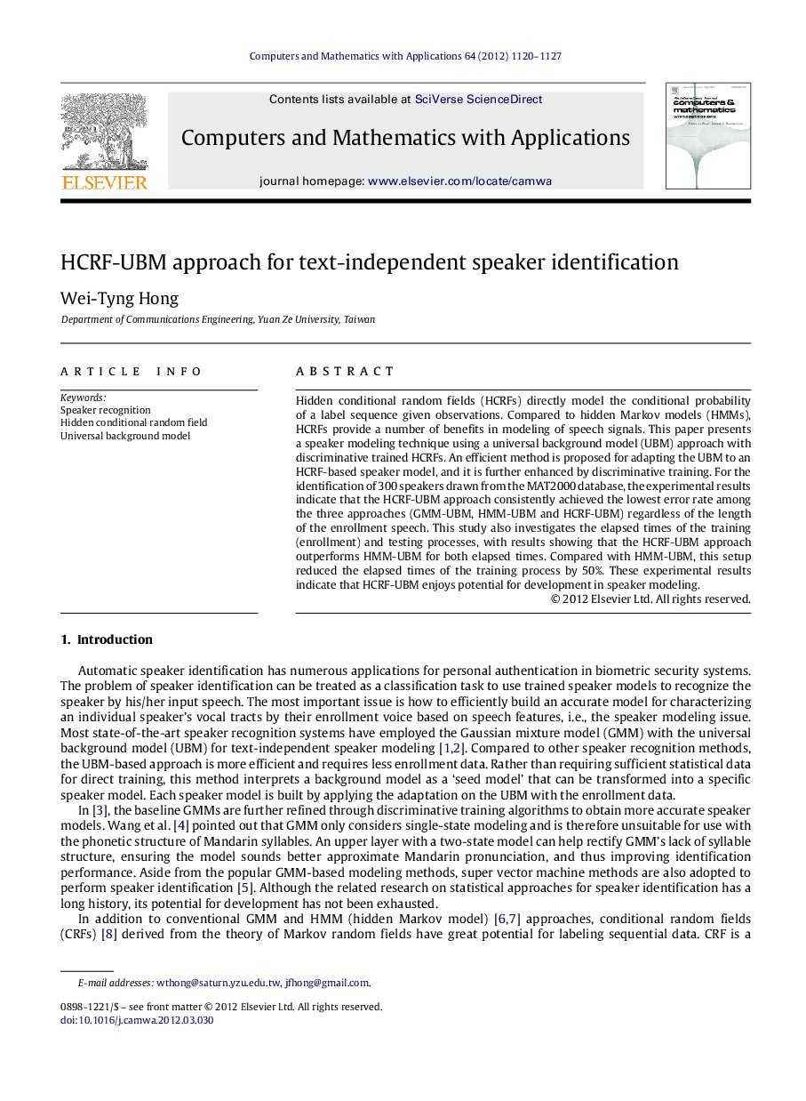 HCRF-UBM approach for text-independent speaker identification