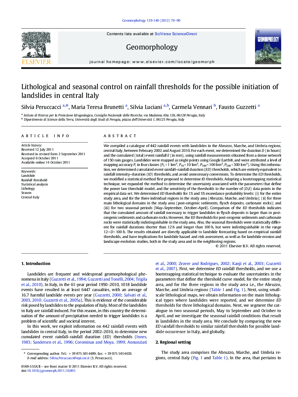 Lithological and seasonal control on rainfall thresholds for the possible initiation of landslides in central Italy