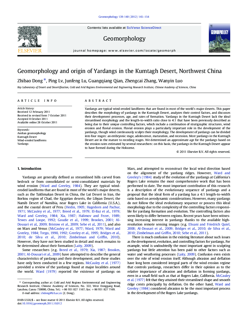 Geomorphology and origin of Yardangs in the Kumtagh Desert, Northwest China