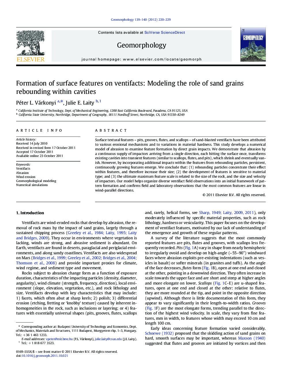 Formation of surface features on ventifacts: Modeling the role of sand grains rebounding within cavities