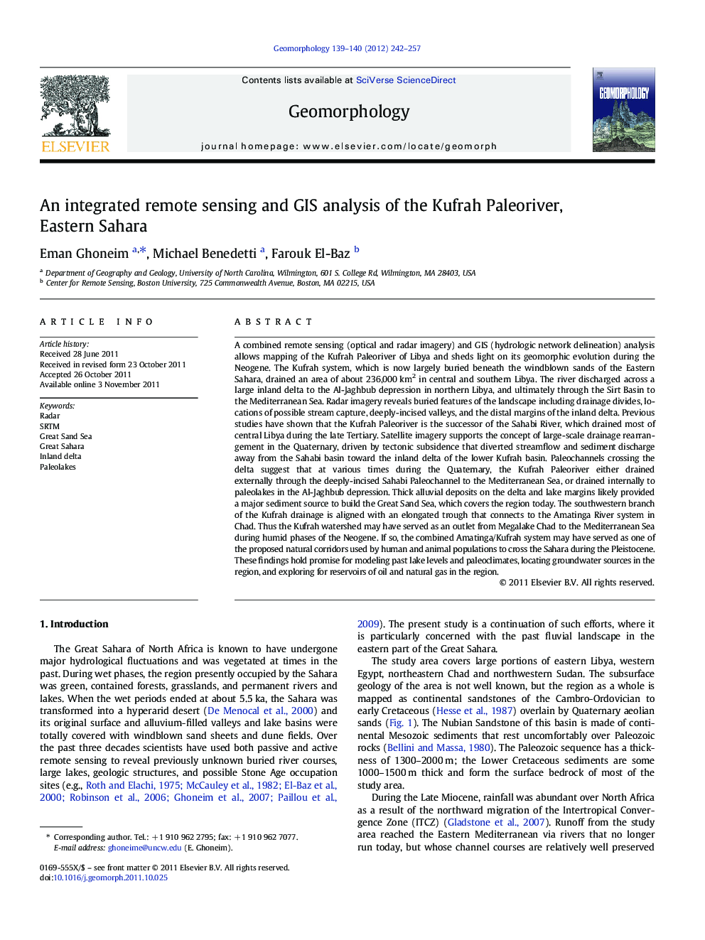 An integrated remote sensing and GIS analysis of the Kufrah Paleoriver, Eastern Sahara