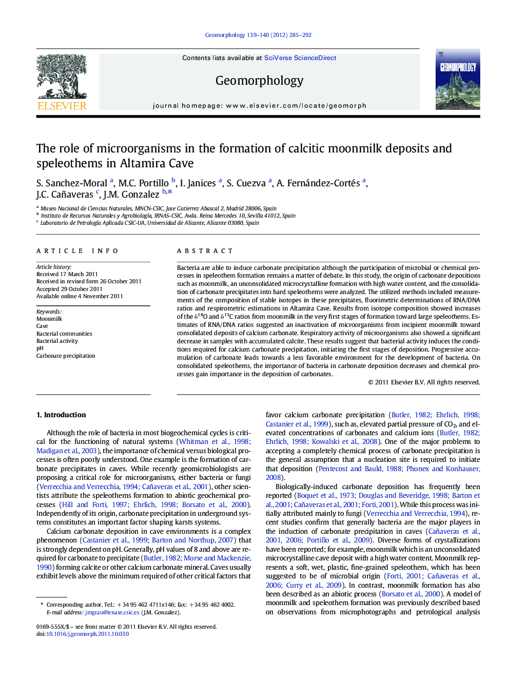 The role of microorganisms in the formation of calcitic moonmilk deposits and speleothems in Altamira Cave