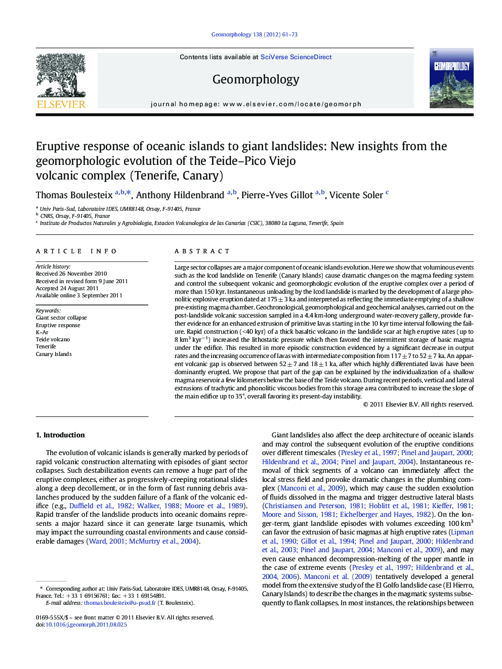 Eruptive response of oceanic islands to giant landslides: New insights from the geomorphologic evolution of the Teide–Pico Viejo volcanic complex (Tenerife, Canary)