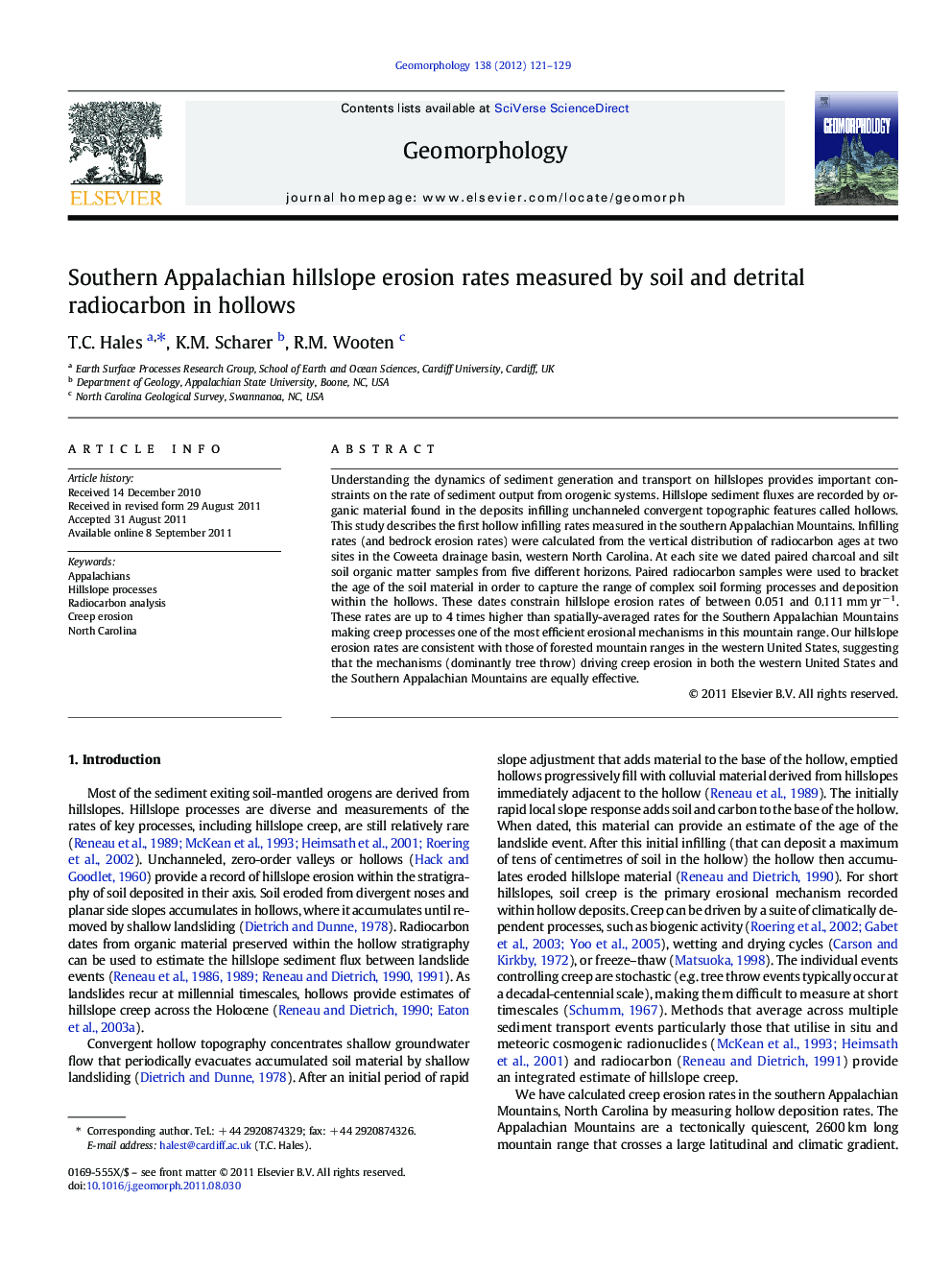 Southern Appalachian hillslope erosion rates measured by soil and detrital radiocarbon in hollows