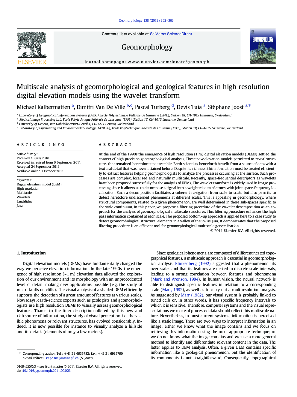Multiscale analysis of geomorphological and geological features in high resolution digital elevation models using the wavelet transform
