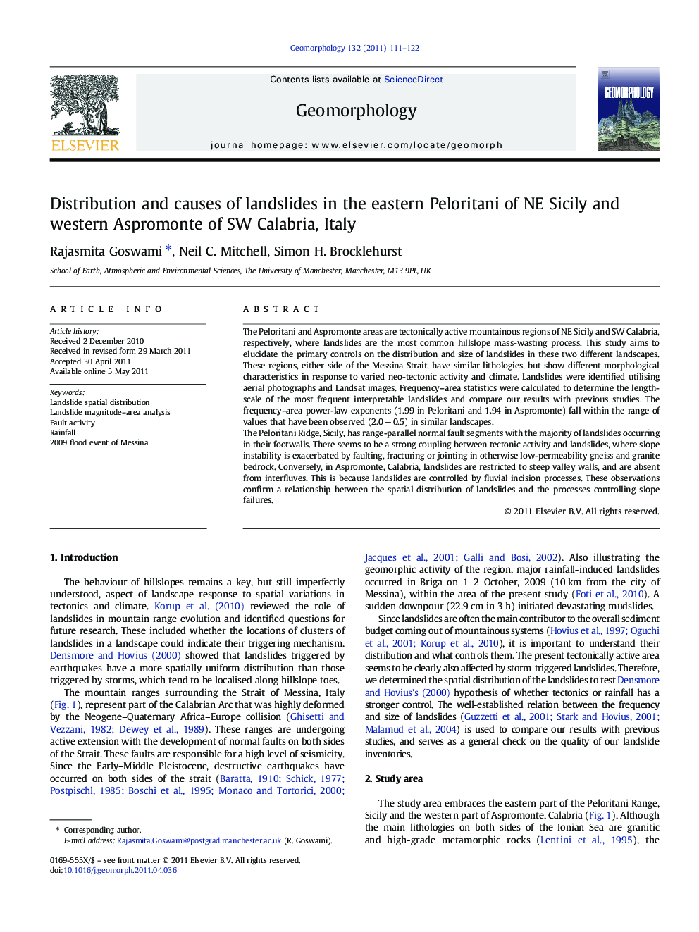 Distribution and causes of landslides in the eastern Peloritani of NE Sicily and western Aspromonte of SW Calabria, Italy